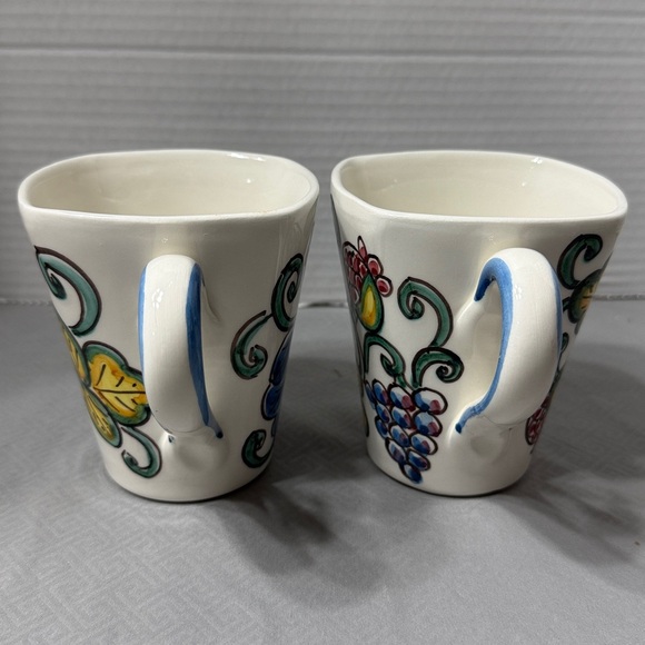 Branciforti Caltagirone Italy HandPainted Flower Leaf Design Mugs Cups Set of 2 - Picture 7 of 10